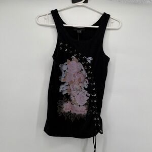 Forever 21 Black Floral Lace Up Ribbed Tank Top Women's Size Medium‎